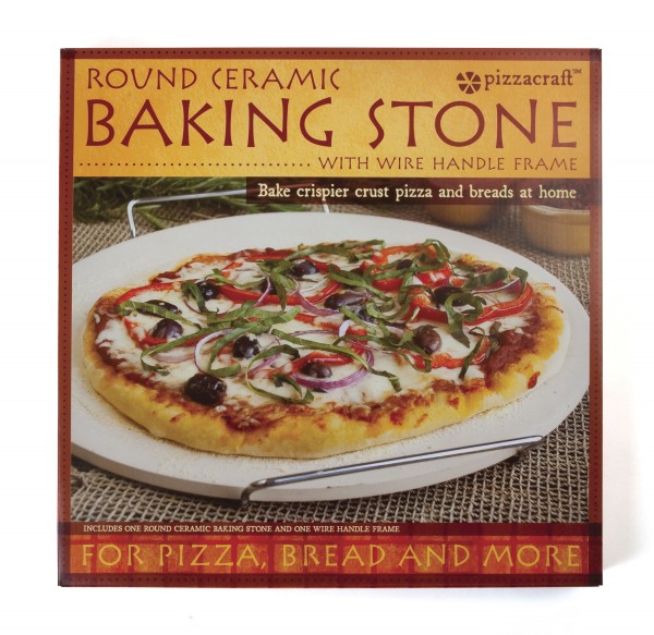 PC0001 Round Pizza Stone w/ Wire Frame - Package on White